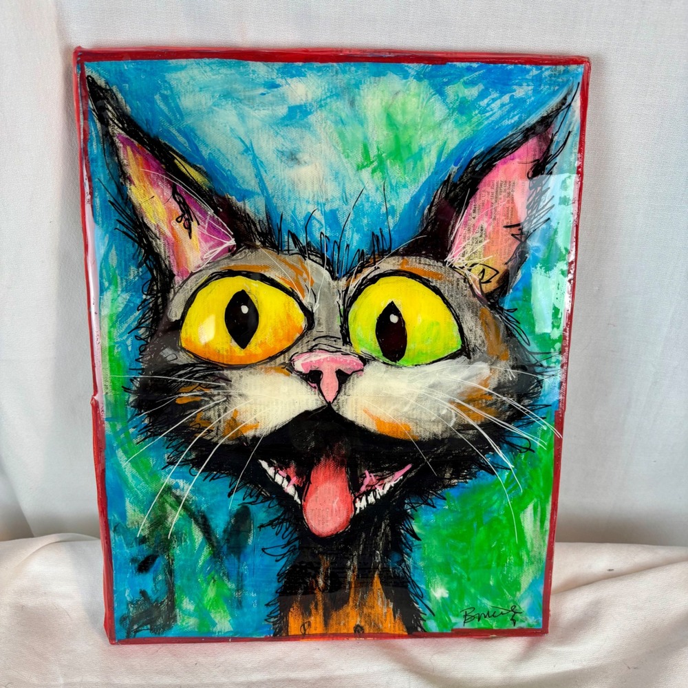 Mixed Media Study Cat‎ Portrait Resin Gloss Painting 11x14 Wall Art